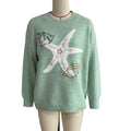 Fuzzy Starfish Crew Neck Knit Sweater Coastal Style - Green