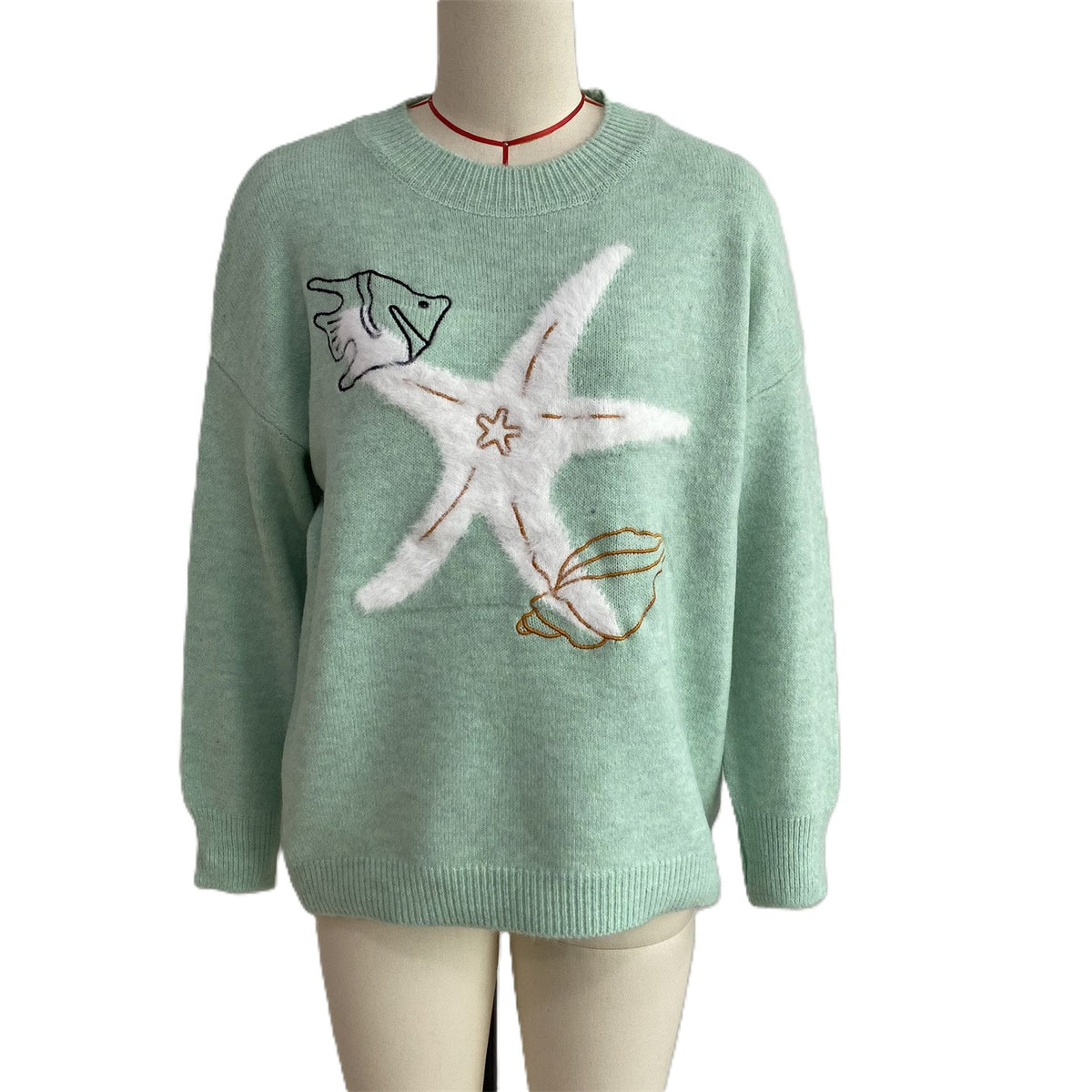 Fuzzy Starfish Crew Neck Knit Sweater Coastal Style - Green