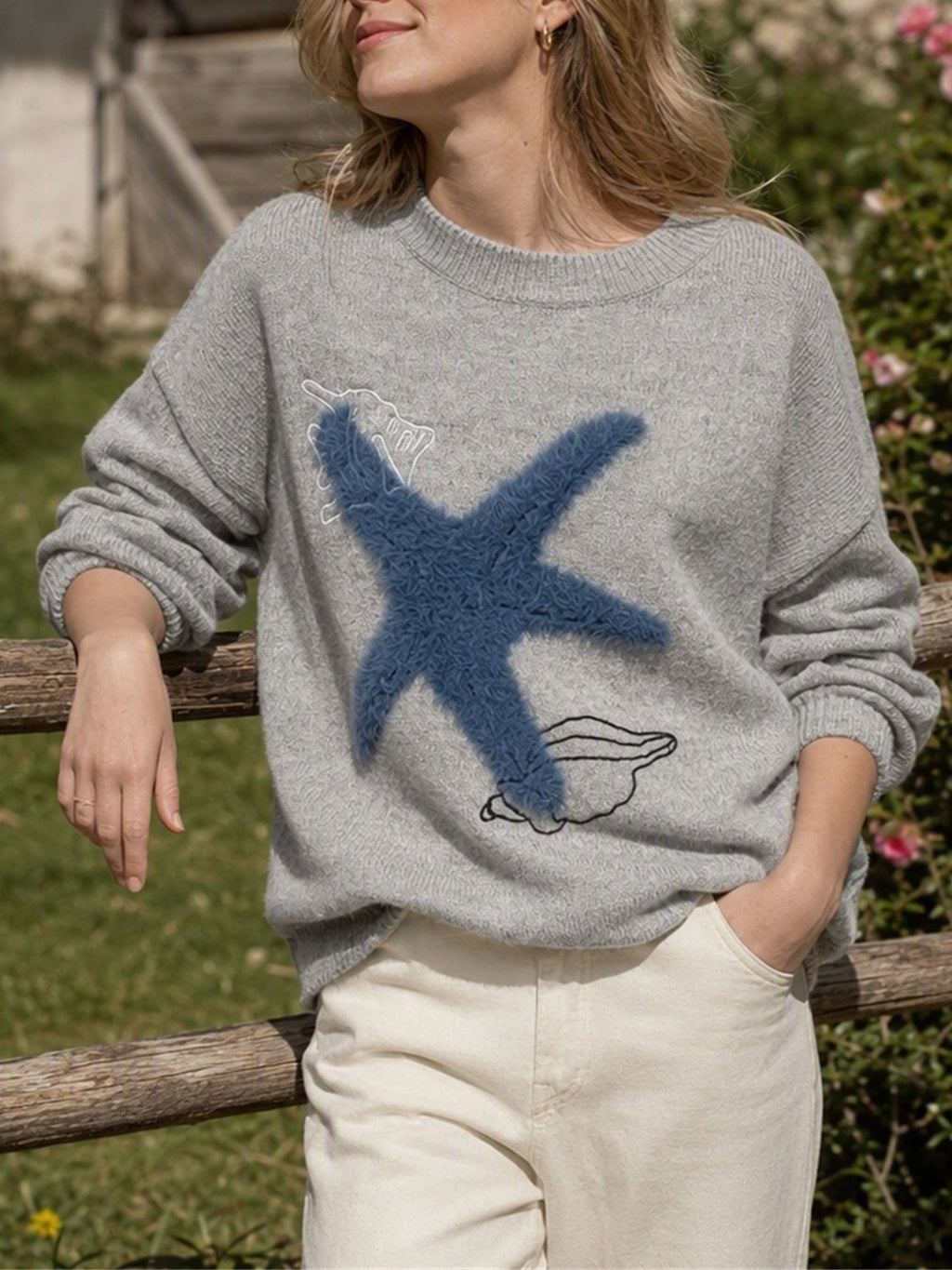 Fuzzy Starfish Crew Neck Knit Sweater Coastal Style - Grey