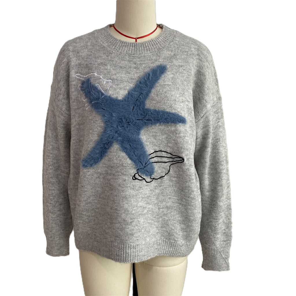 Fuzzy Starfish Crew Neck Knit Sweater Coastal Style - Grey - 1