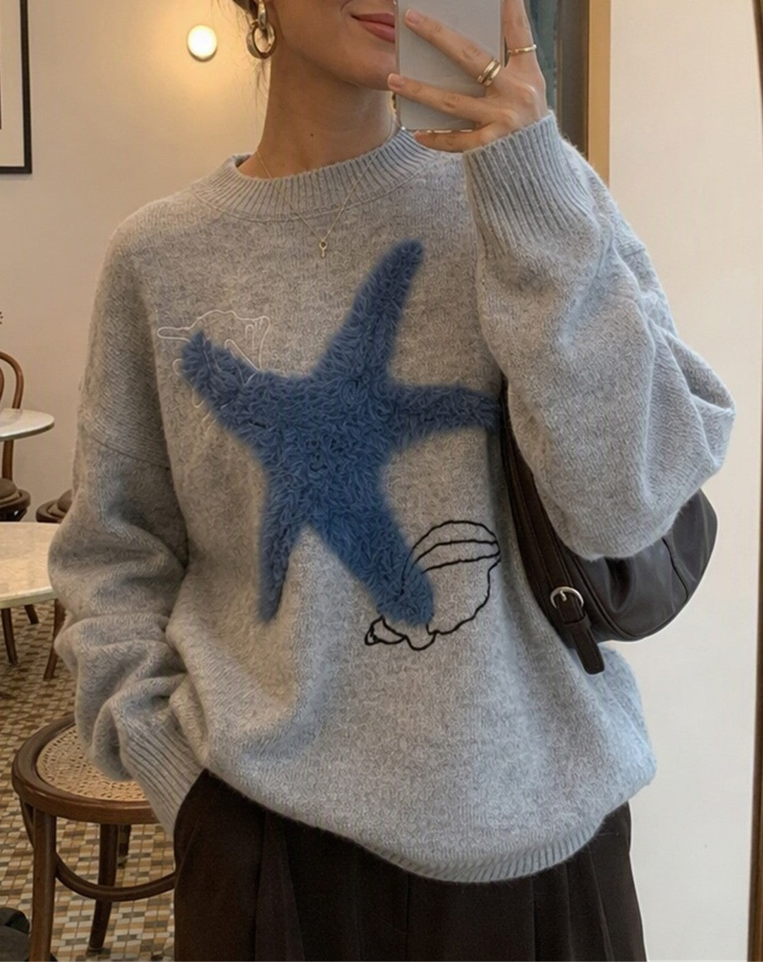 Fuzzy Starfish Crew Neck Knit Sweater Coastal Style - Grey - 3