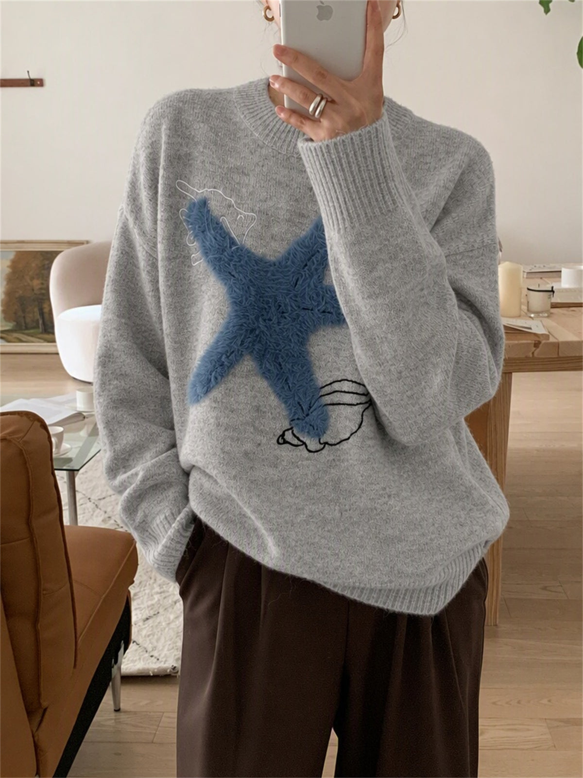 Fuzzy Starfish Crew Neck Knit Sweater Coastal Style - Grey - 4