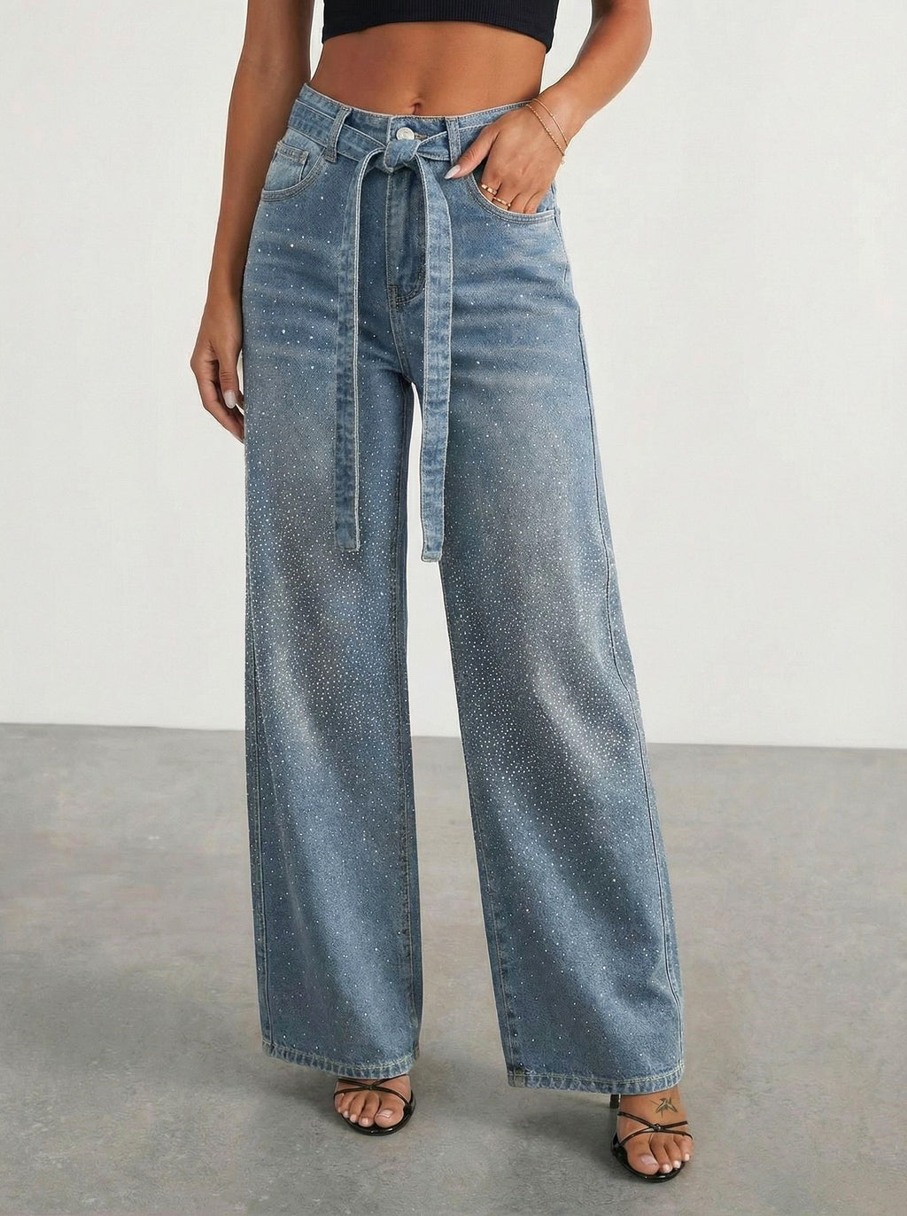 Crystal Embellished Wide Leg Baggy Jeans - Blue