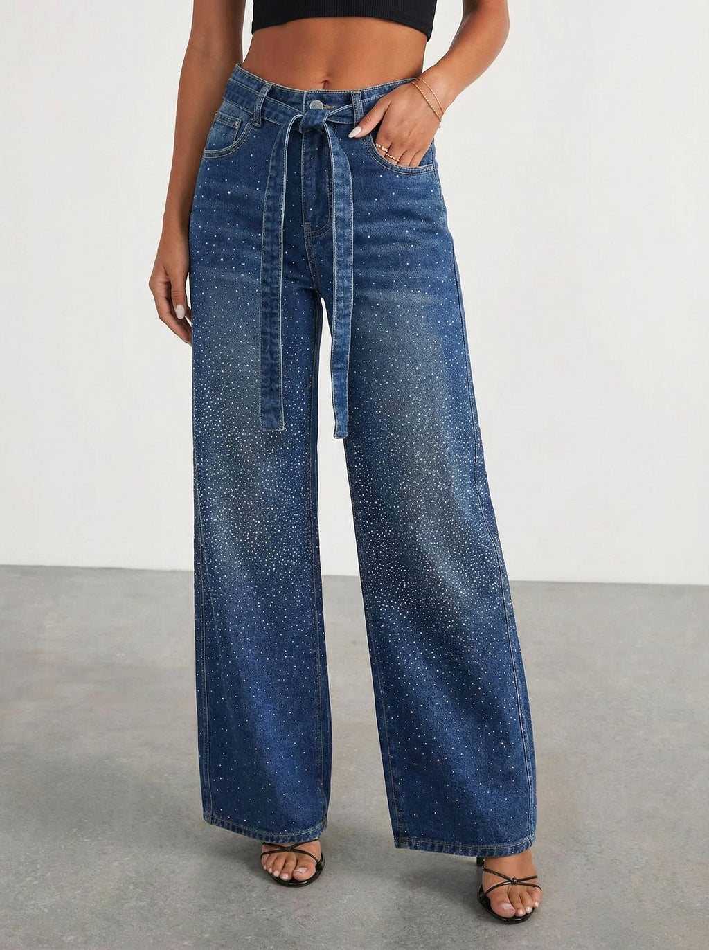 Crystal Embellished Wide Leg Baggy Jeans - DarkBlue