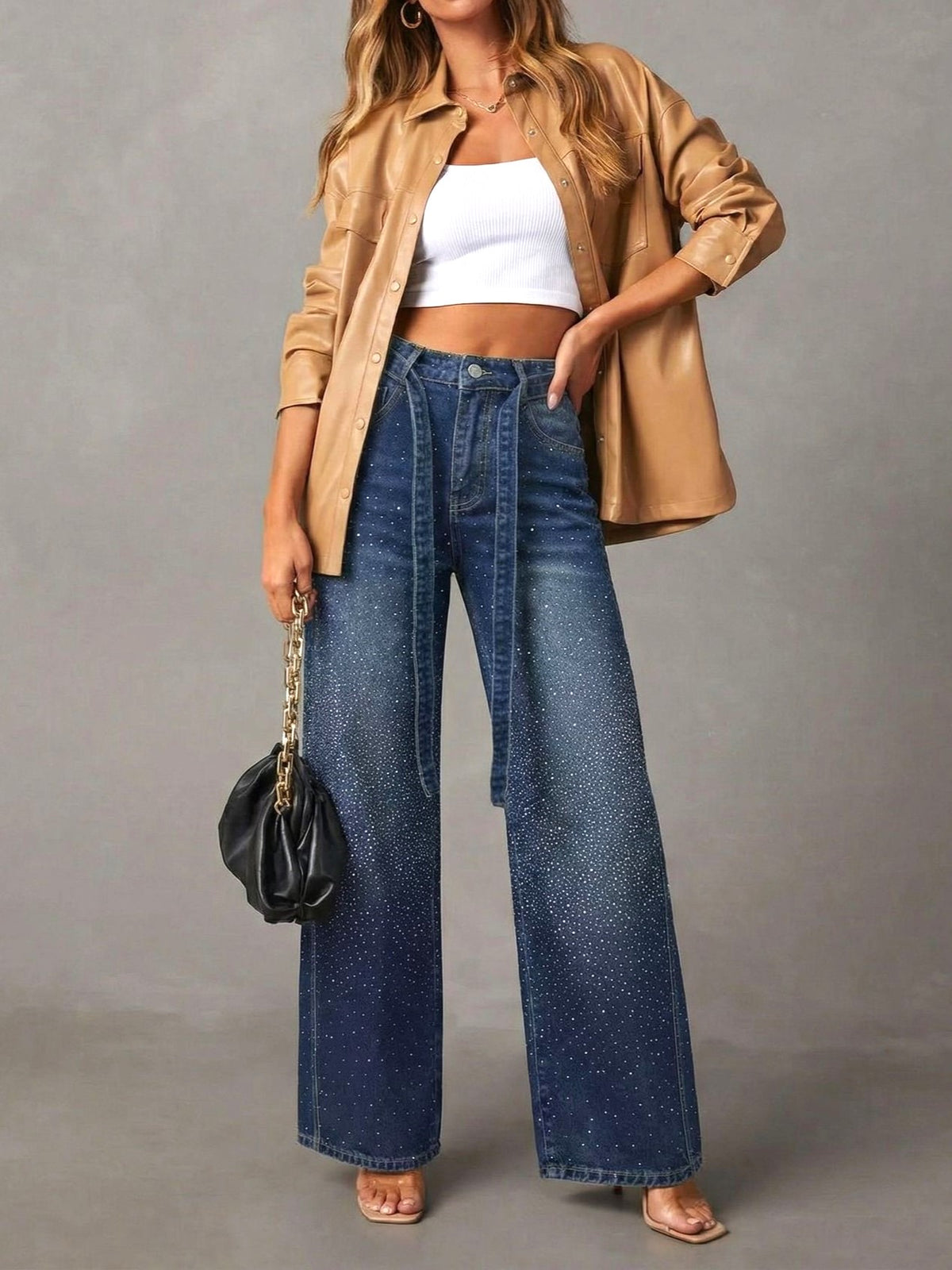 Crystal Embellished Wide Leg Baggy Jeans - DarkBlue - 1