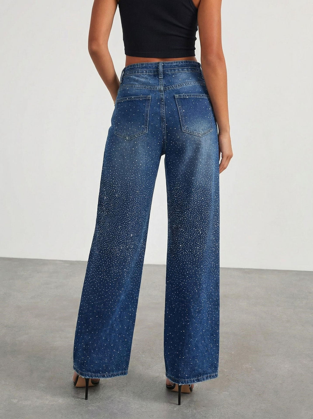 Crystal Embellished Wide Leg Baggy Jeans - DarkBlue - 2