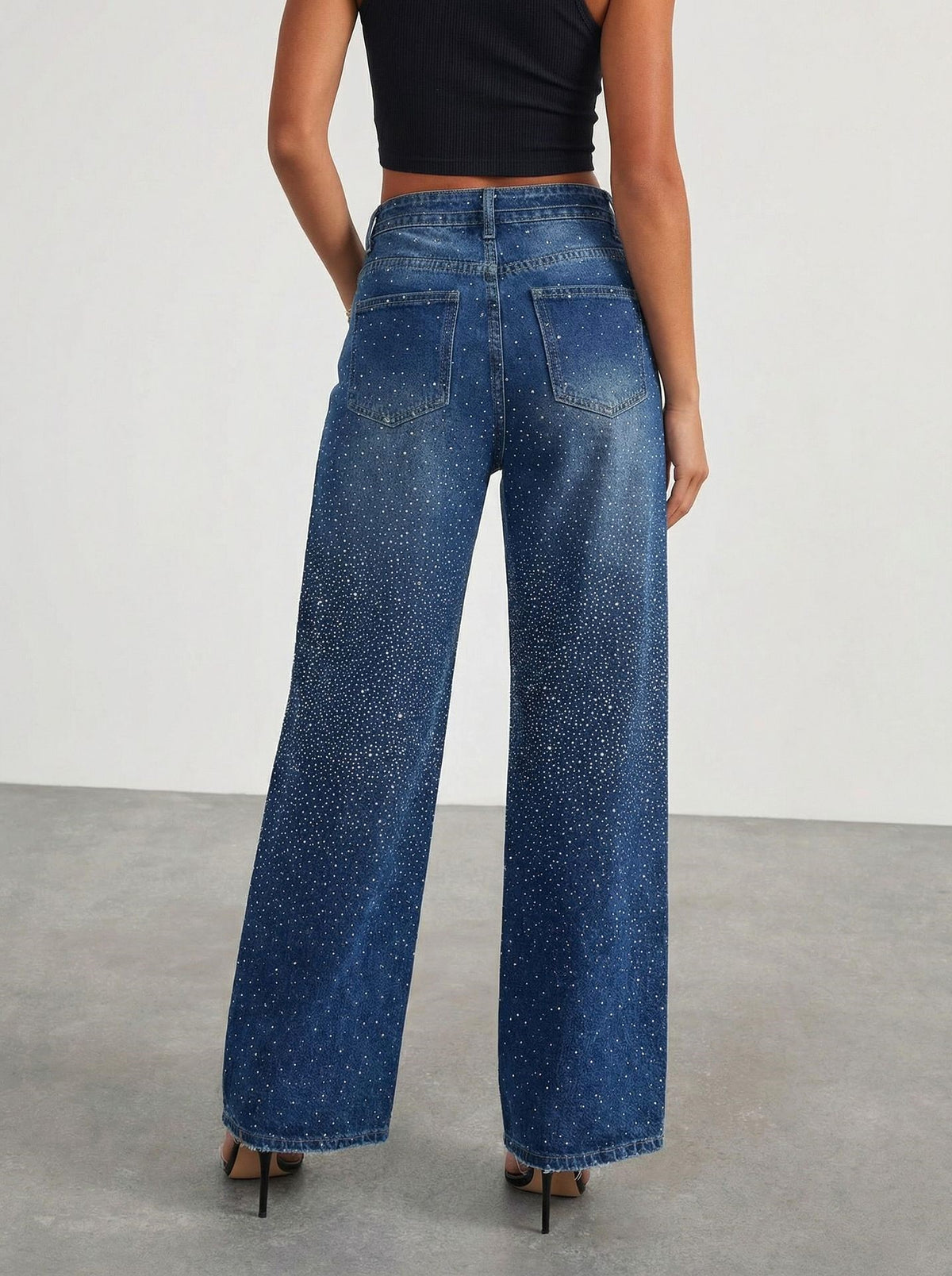 Crystal Embellished Wide Leg Baggy Jeans - DarkBlue - 2