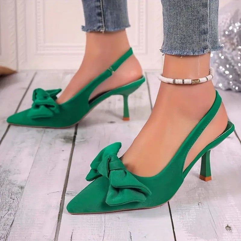 Pointed Toe Bow Slingback Heels - Green