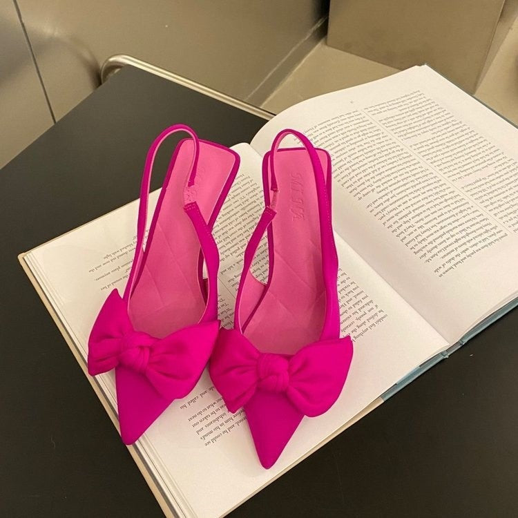 Pointed Toe Bow Slingback Heels - Hot Pink