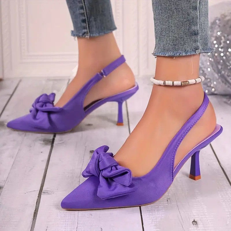 Pointed Toe Bow Slingback Heels - Purple