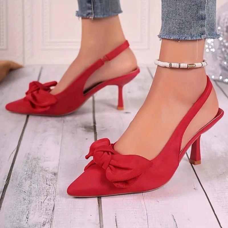 Pointed Toe Bow Slingback Heels - Red