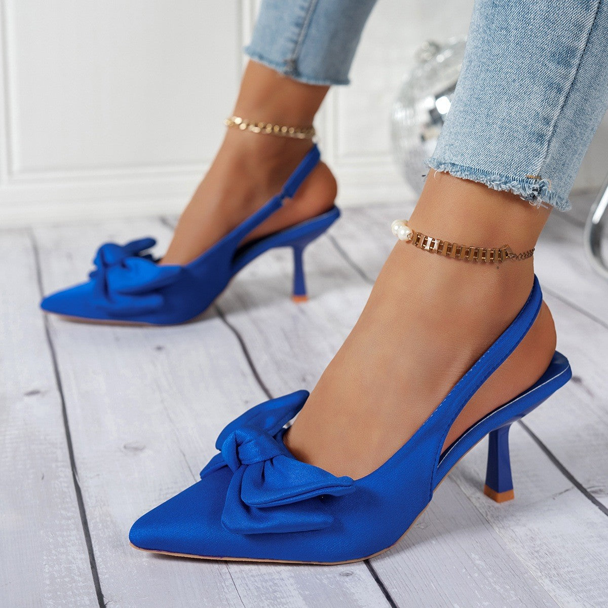 Pointed Toe Bow Slingback Heels - Royal Blue