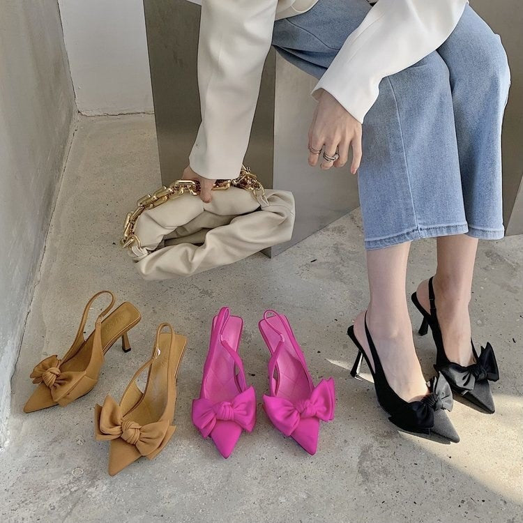 Pointed Toe Bow Slingback Heels