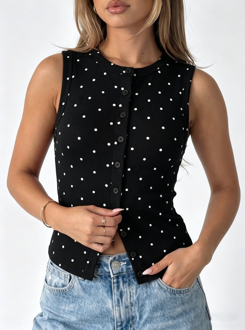 Polka Dot Ribbed Button Front Tank Top - Black - 1