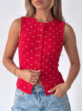 Polka Dot Ribbed Button Front Tank Top - Red