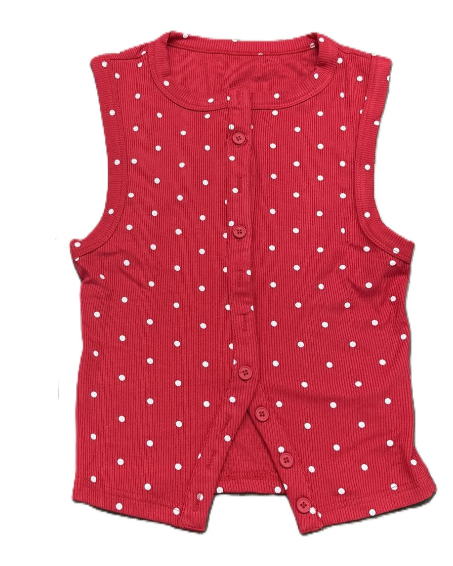 Polka Dot Ribbed Button Front Tank Top - Red - 1