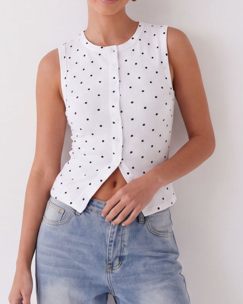 Polka Dot Ribbed Button Front Tank Top - White