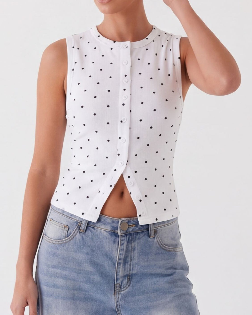 Polka Dot Ribbed Button Front Tank Top - White - 1