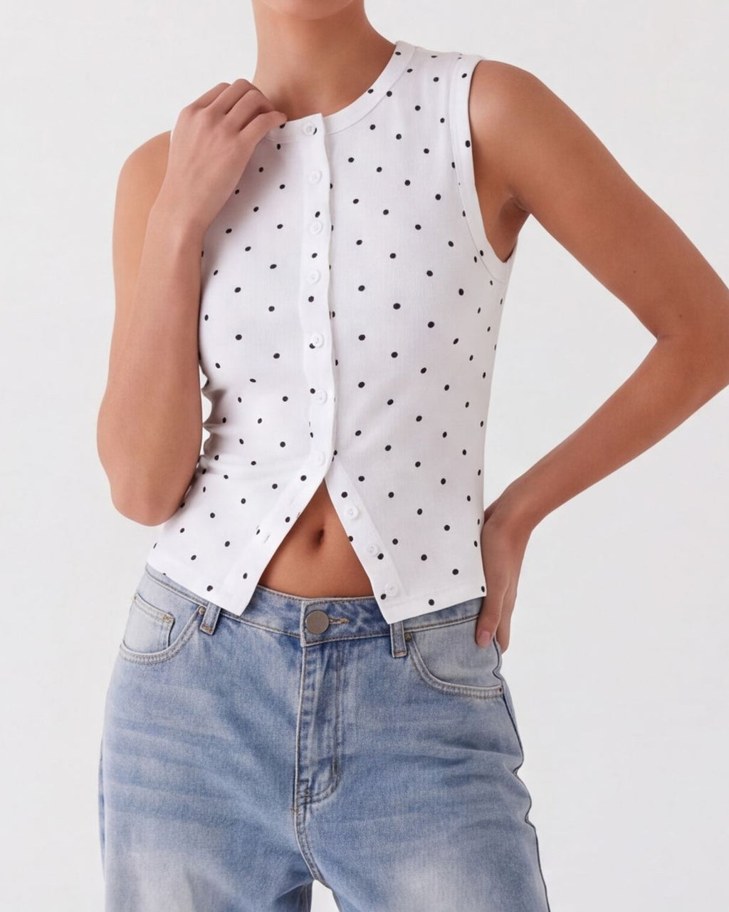 Polka Dot Ribbed Button Front Tank Top - White - 2
