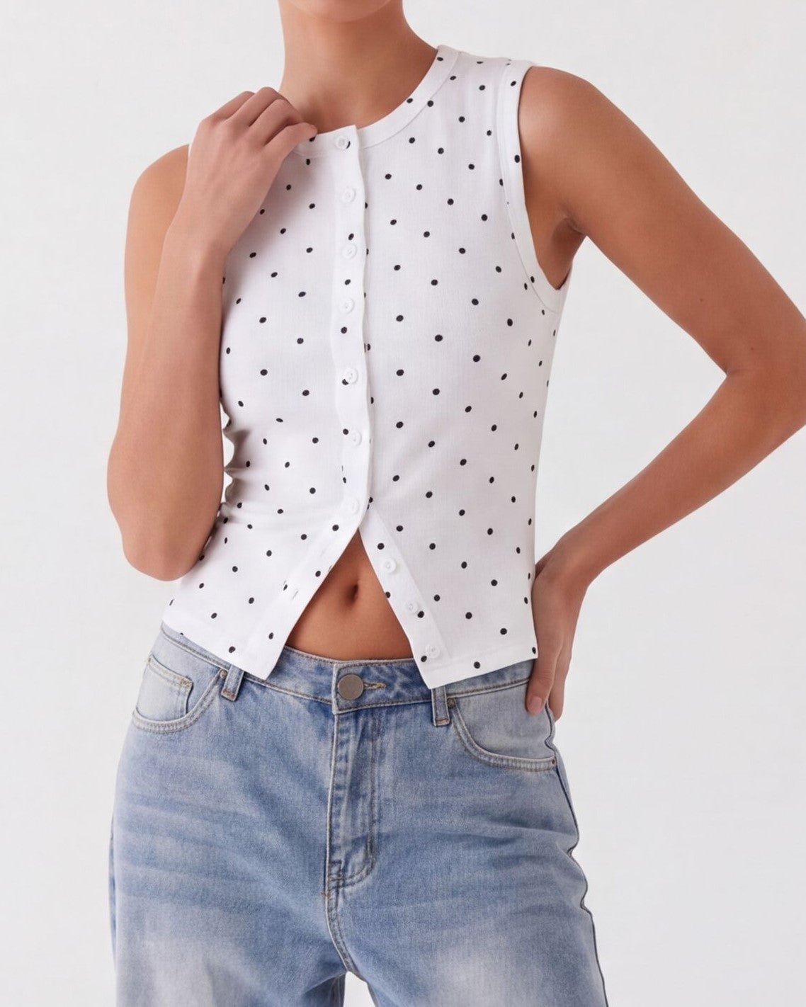 Polka Dot Ribbed Button Front Tank Top - White - 2