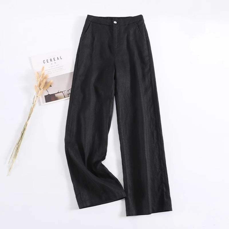 Lightweight Linen Blend Wide Leg Pants - Black