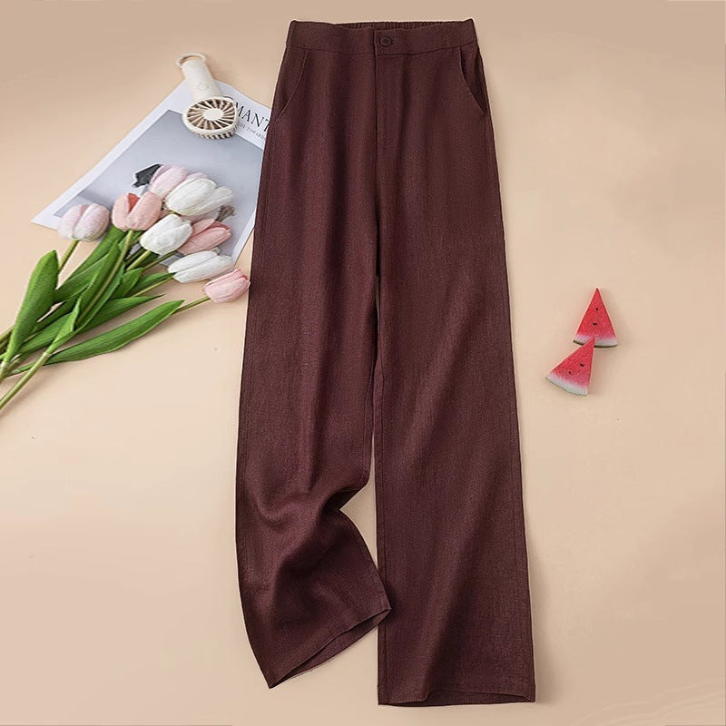 Lightweight Linen Blend Wide Leg Pants - Coffee