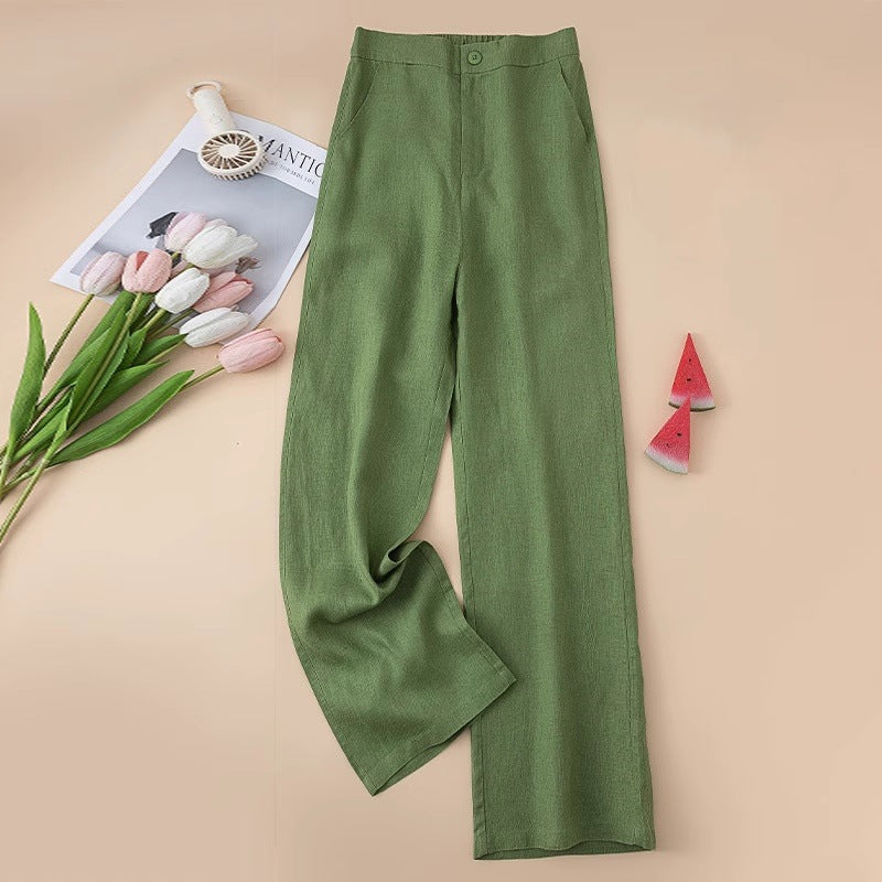 Lightweight Linen Blend Wide Leg Pants - Green