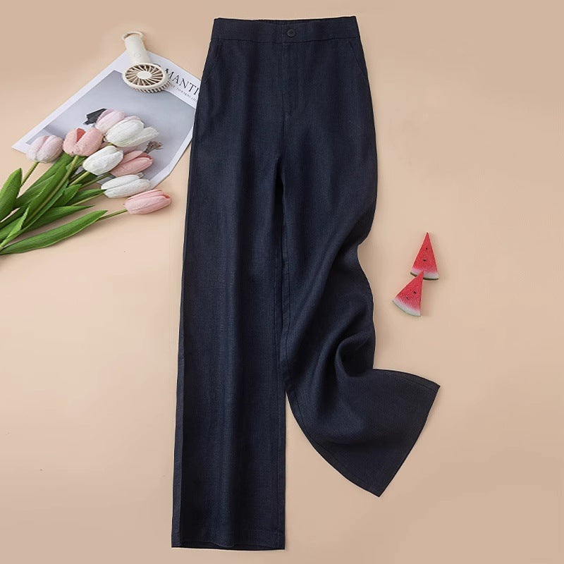 Lightweight Linen Blend Wide Leg Pants - Navy