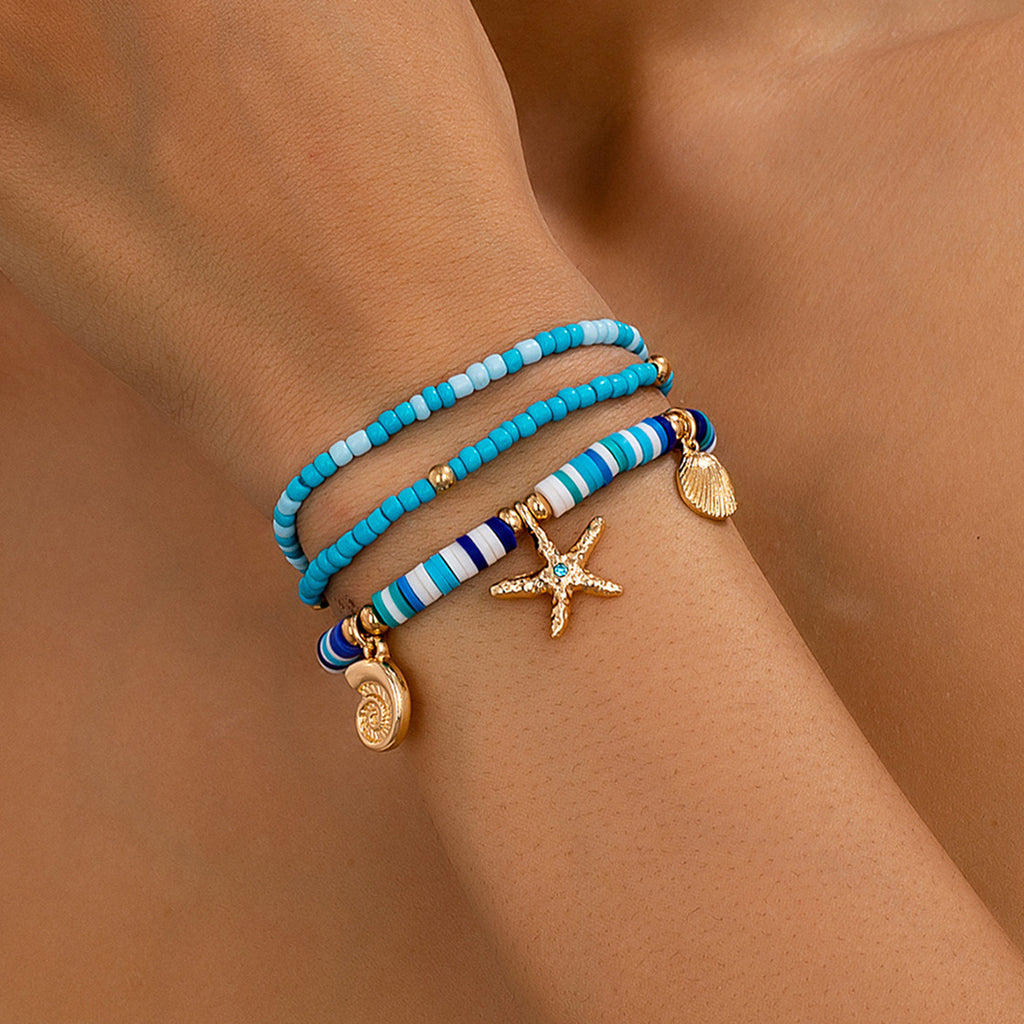 Ocean Charm Heishi Bead Bracelet Stack - Blue