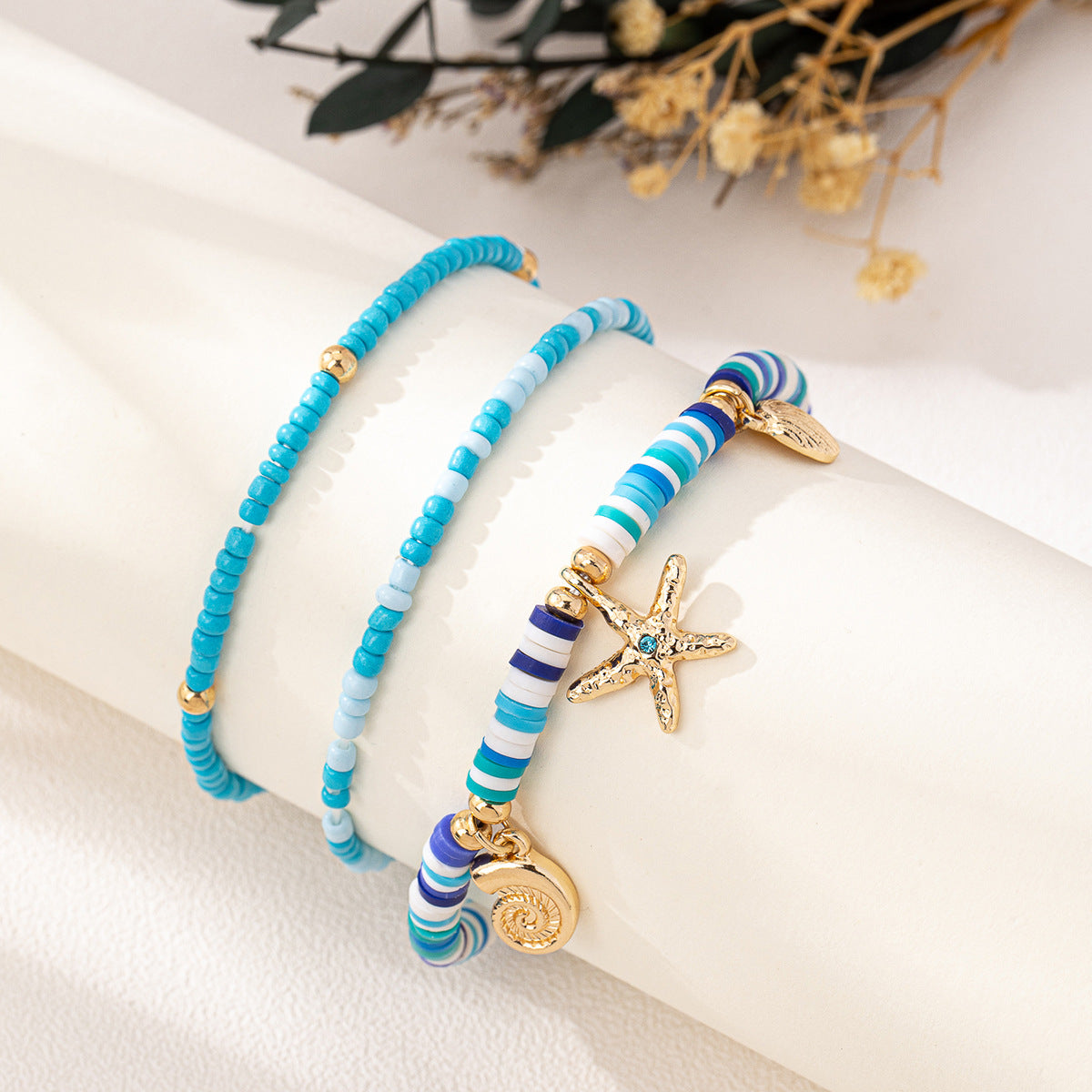 Ocean Charm Heishi Bead Bracelet Stack - Blue - 1