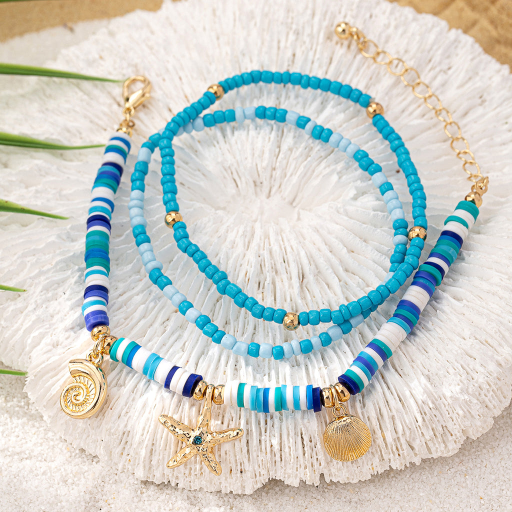 Ocean Charm Heishi Bead Bracelet Stack - Blue - 2