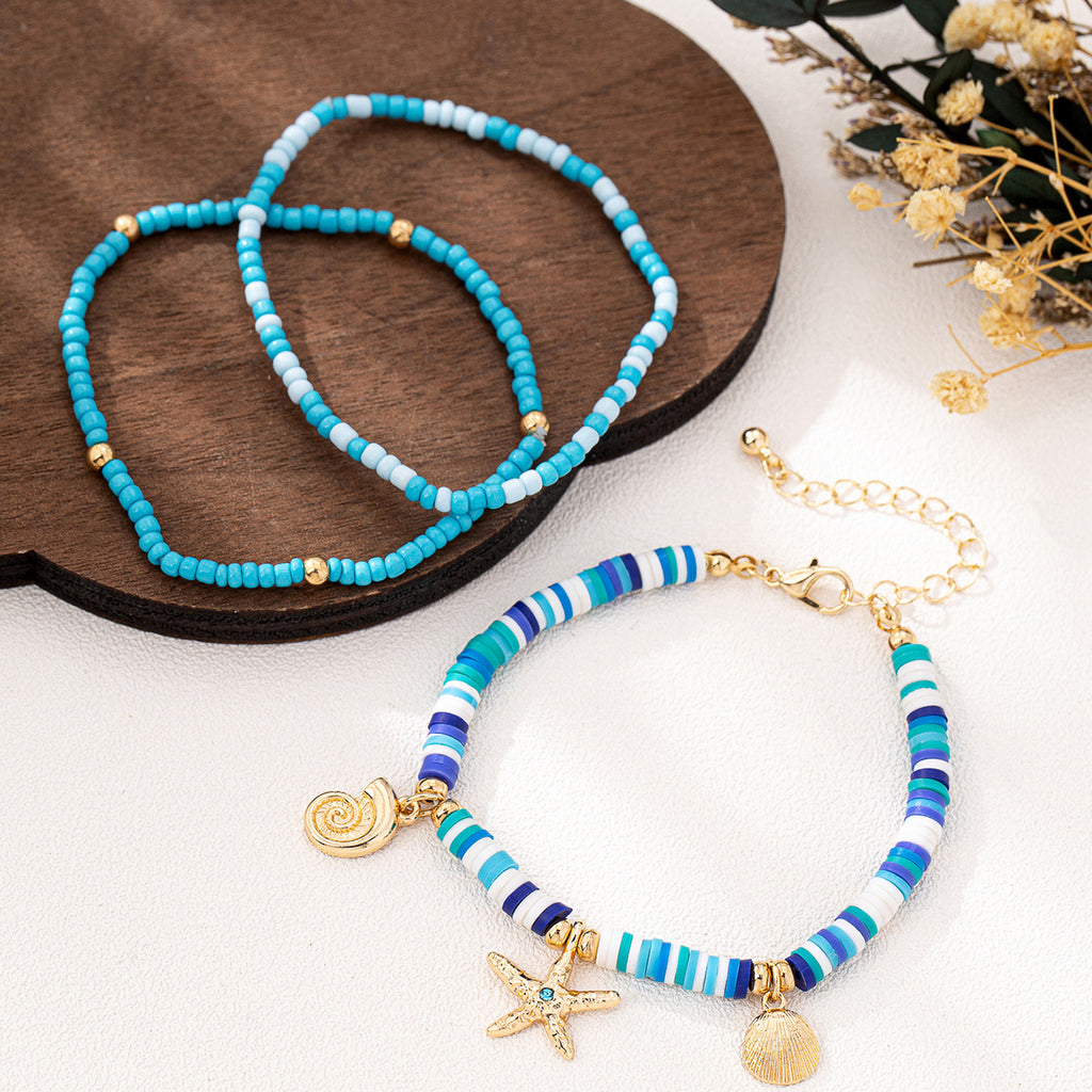 Ocean Charm Heishi Bead Bracelet Stack - Blue - 3