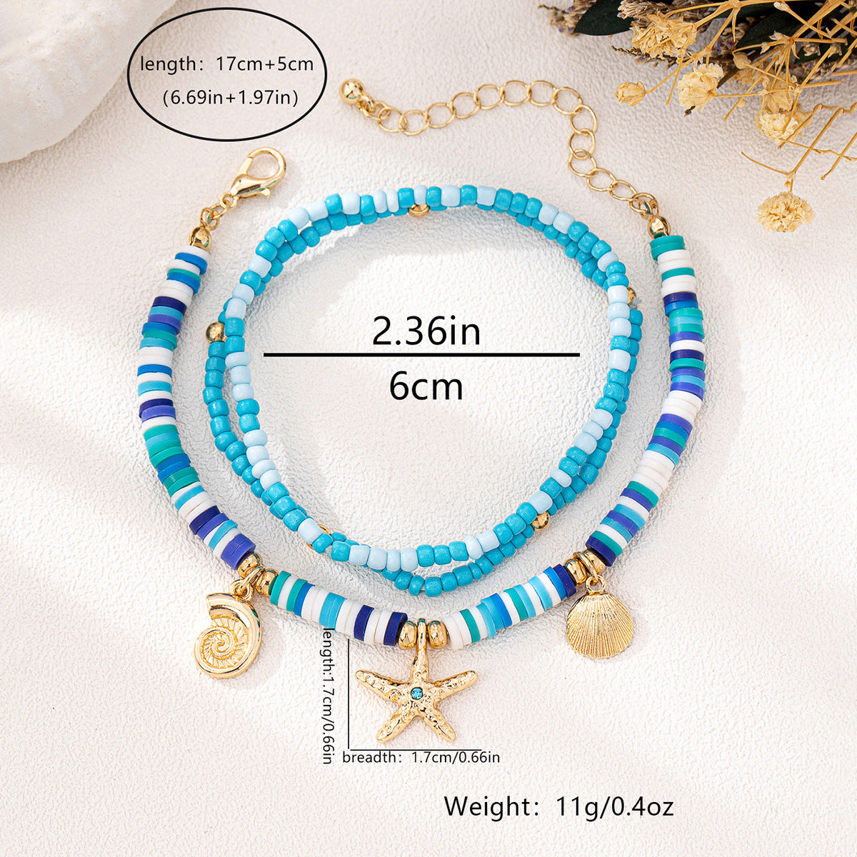 Ocean Charm Heishi Bead Bracelet Stack - Blue - 4