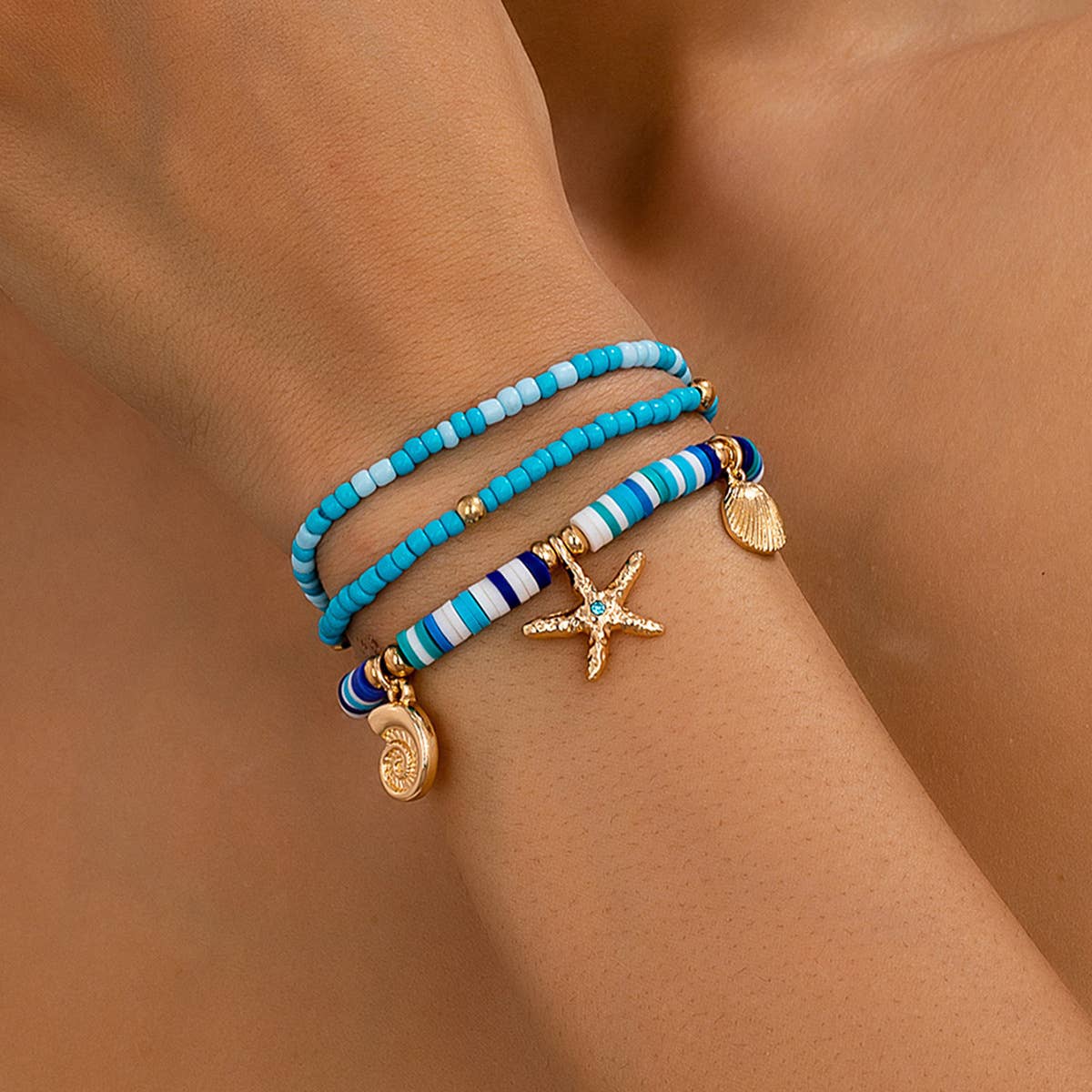Ocean Charm Heishi Bead Bracelet Stack