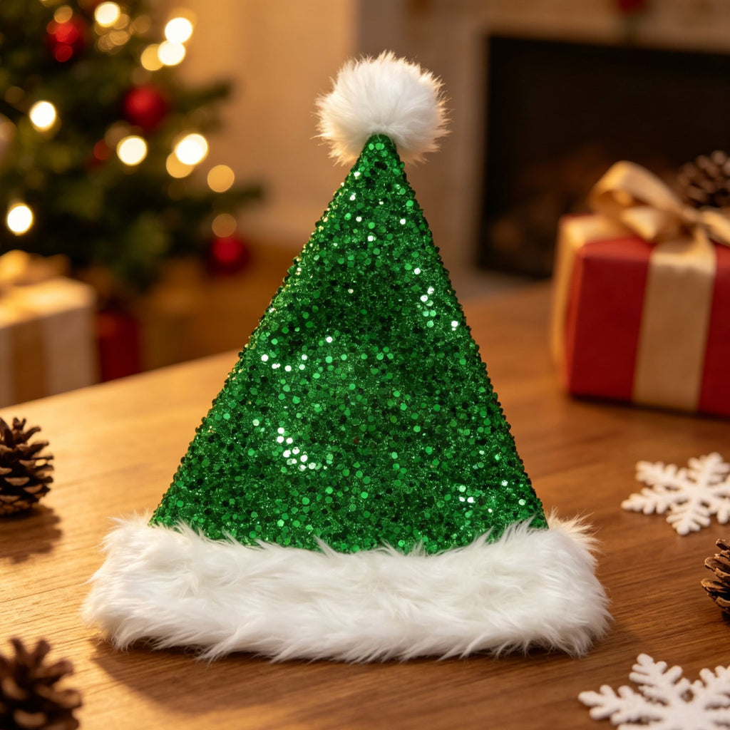 Sequin Santa Beanie Hat with Plush Faux Fur Cuff - Green - 1