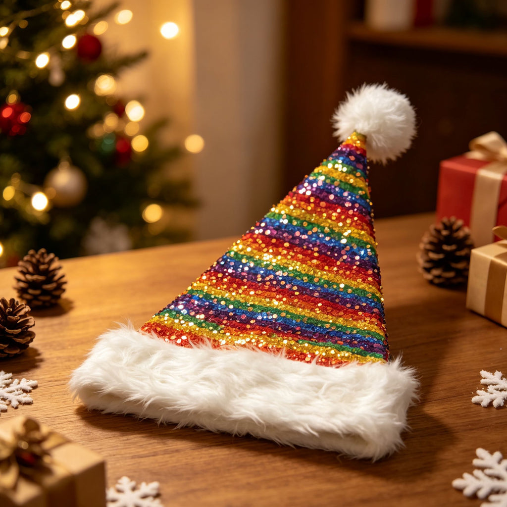 Sequin Santa Beanie Hat with Plush Faux Fur Cuff - Rainbow