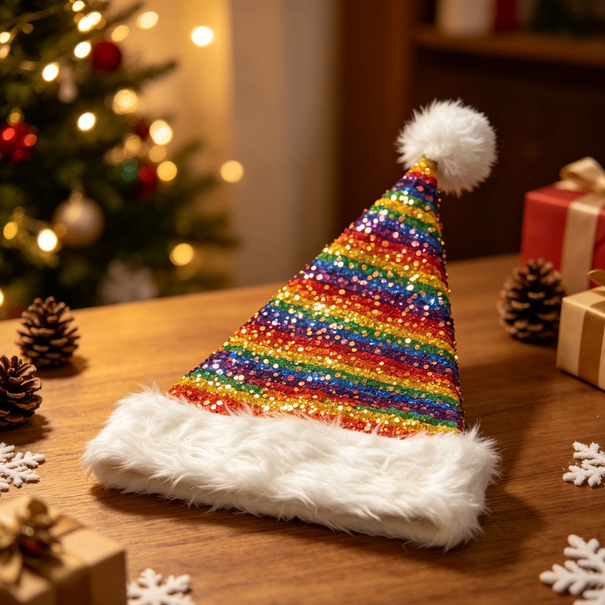 Sequin Santa Beanie Hat with Plush Faux Fur Cuff - Rainbow