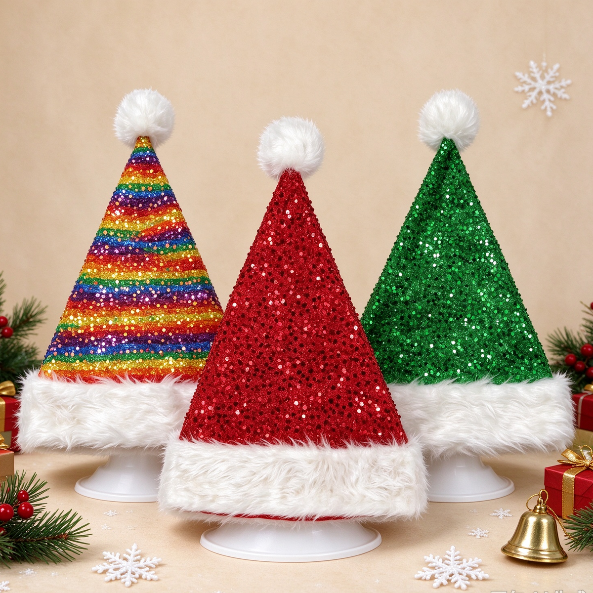 Sequin Santa Beanie Hat with Plush Faux Fur Cuff - Rainbow - 3
