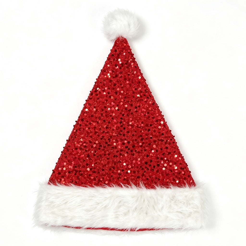 Sequin Santa Beanie Hat with Plush Faux Fur Cuff - Red