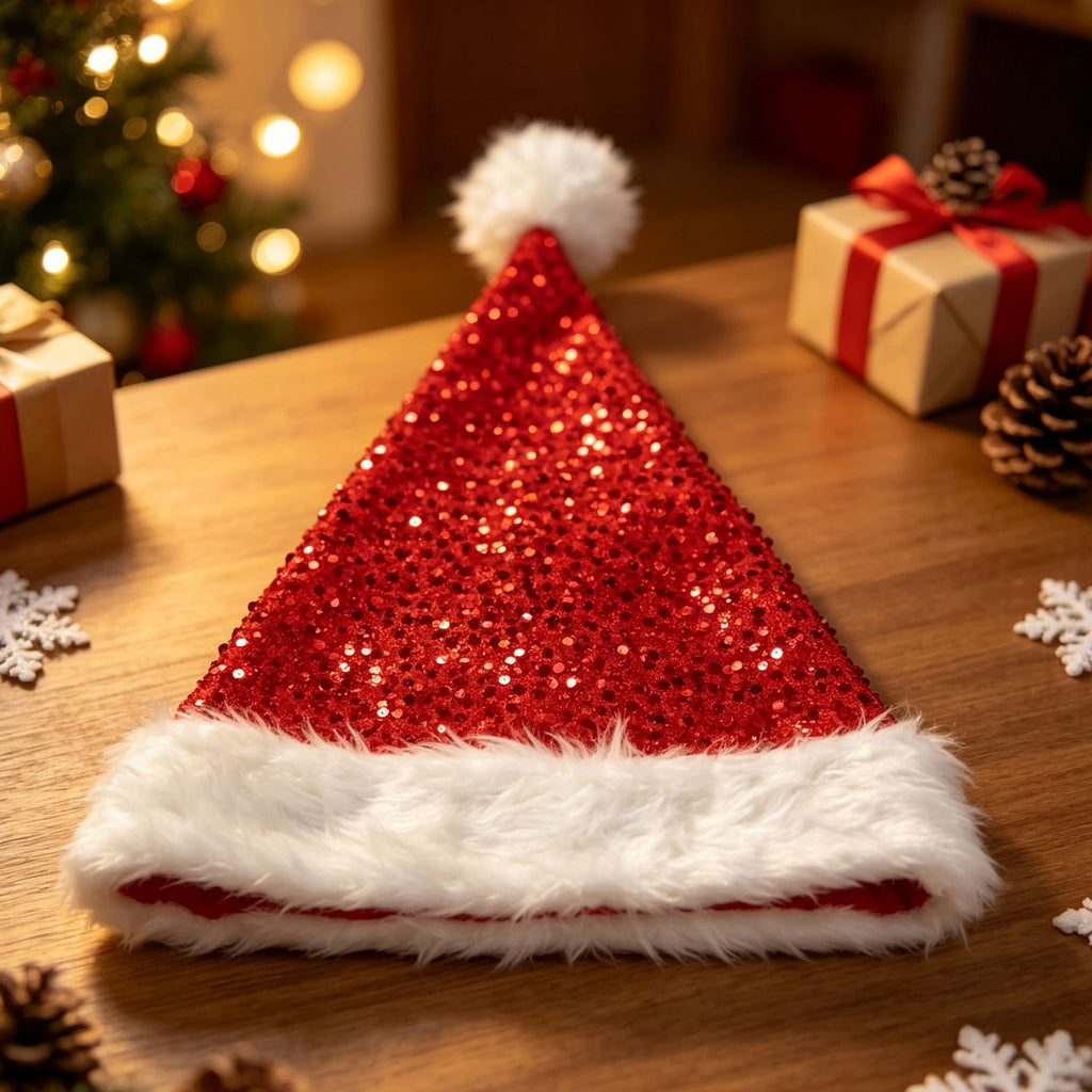 Sequin Santa Beanie Hat with Plush Faux Fur Cuff - Red - 3
