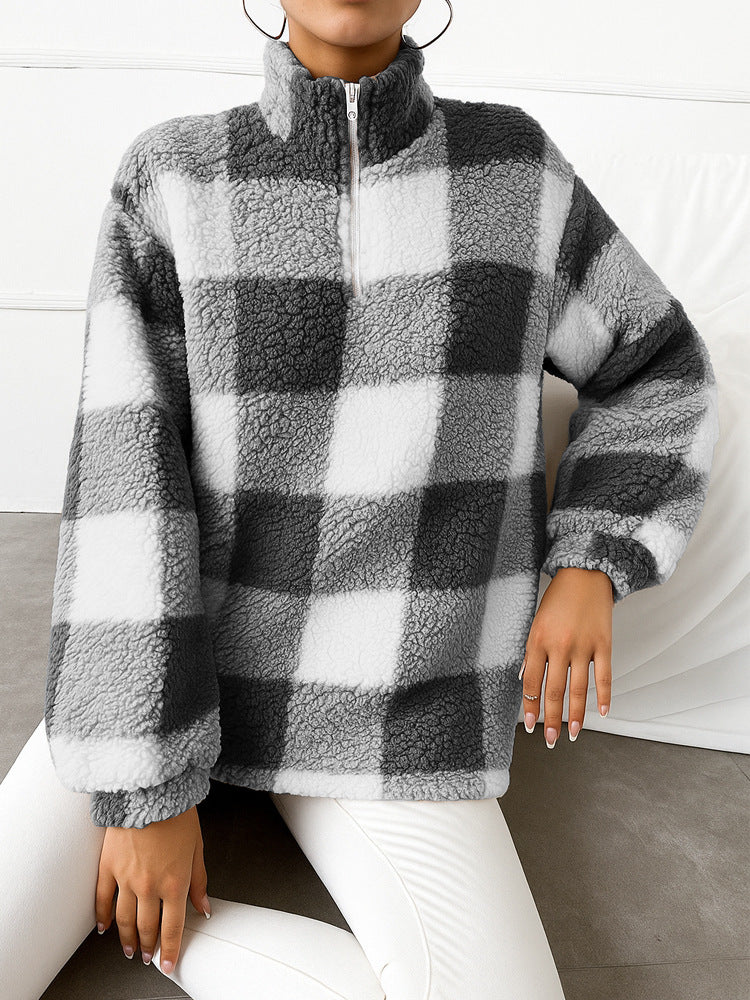 Slouchy Plaid Teddy Fleece Half Zip Sweatshirt - Black