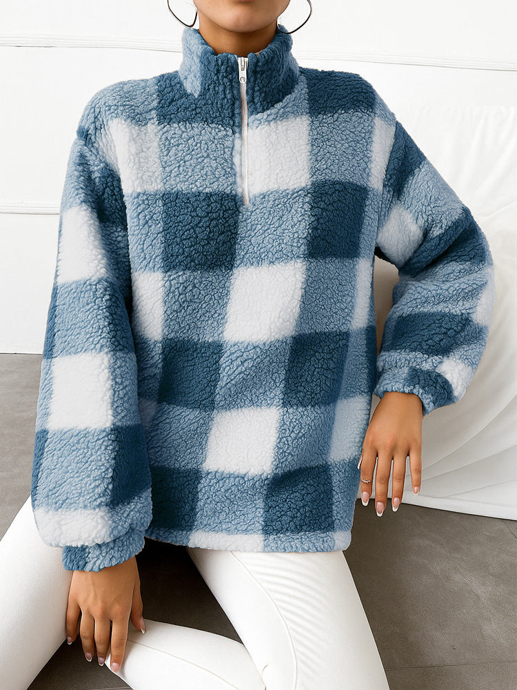 Slouchy Plaid Teddy Fleece Half Zip Sweatshirt - Blue