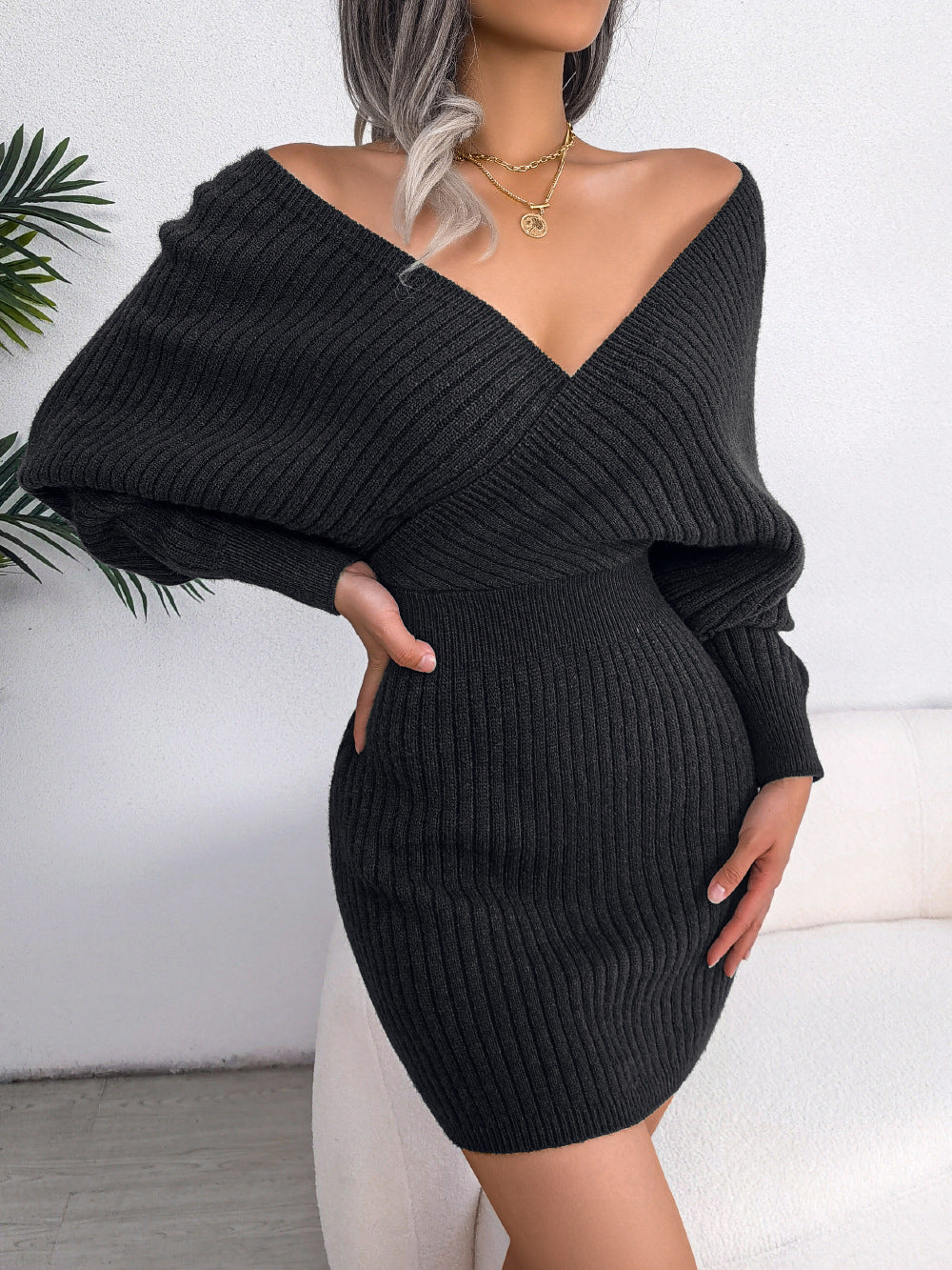 Ribbed Surplice V-Neck Batwing Sleeve Mini Dress - Black - 2
