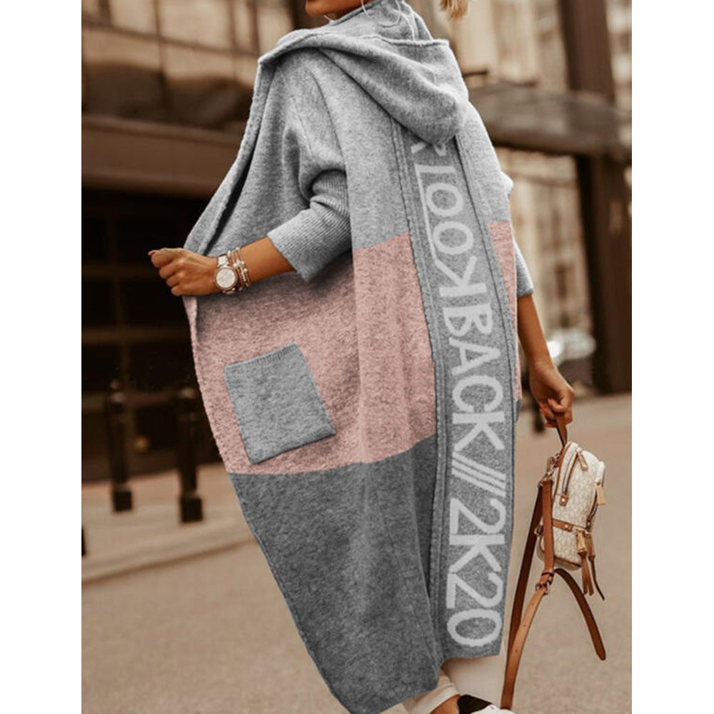 Hooded Colorblock Longline Knit Duster Cardigan - Pink