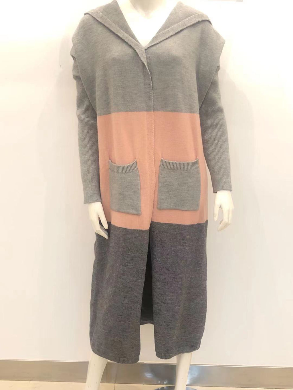 Hooded Colorblock Longline Knit Duster Cardigan - Pink - 1