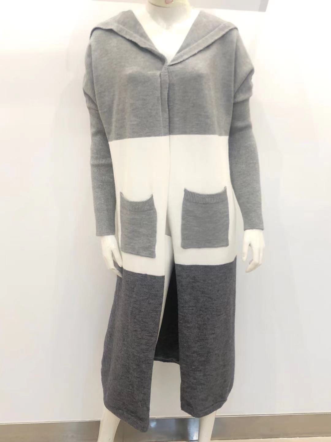 Hooded Colorblock Longline Knit Duster Cardigan - White