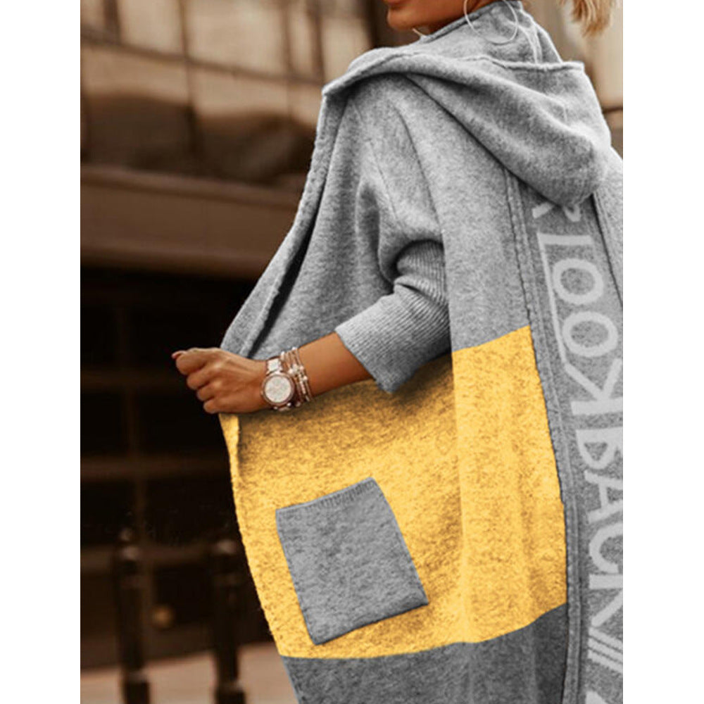 Hooded Colorblock Longline Knit Duster Cardigan - Yellow