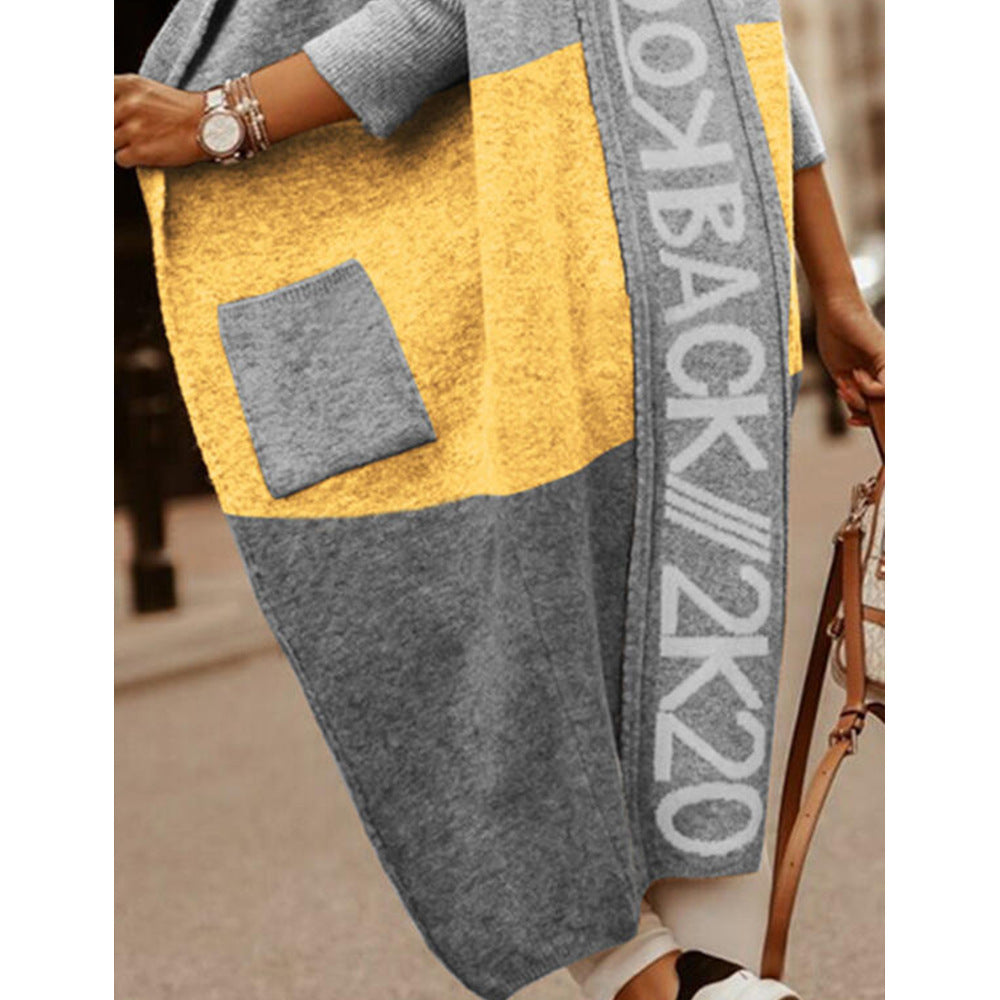 Hooded Colorblock Longline Knit Duster Cardigan - Yellow - 2
