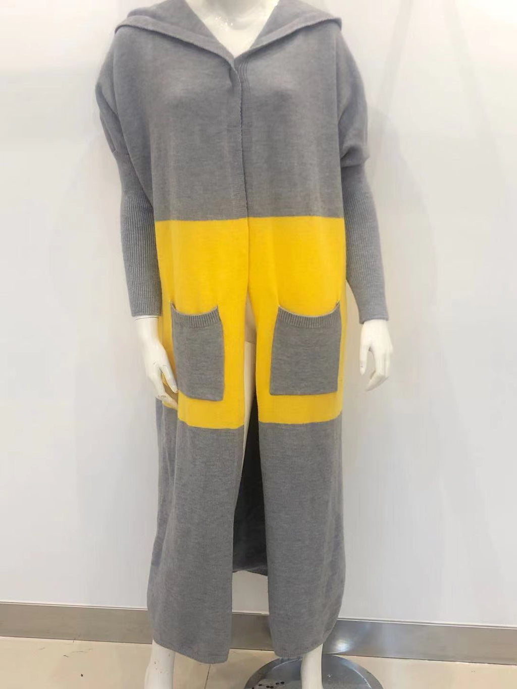 Hooded Colorblock Longline Knit Duster Cardigan - Yellow - 3