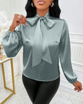 Tie Neck Satin Blouse With Bishop Sleeves - Green
